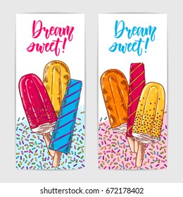 Two banners with colorful hand drawn sweet ice creams.
