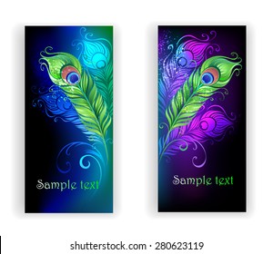 Two banners with colorful peacock feathers on black background. 