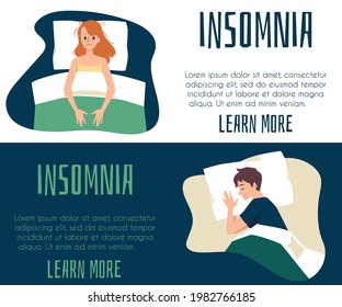Dos pancartas con el concepto de trastorno del sueño e insomnio. Los hombres duermen de sueño de salud nocturno y las mujeres cansadas tratan de quedarse dormidas en la cama. Ilustraciones de dibujos animados planos vectoriales.