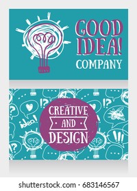 two banners for creativity company with light bulb, blue and lilac colors, vector illustration in sketch style