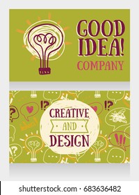 two banners for creativity company with light bulb, happy green palette, vector illustration in sketch style