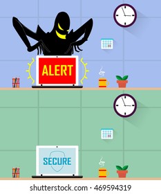 Two banners. Criminal bandit breaks security system of computer and stealing data. Second banner about protected computer.Concept hacking computer, net protection, antivirus software. Vector
