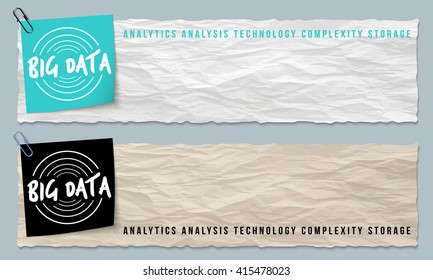 Two banners of crumpled paper with big data icon