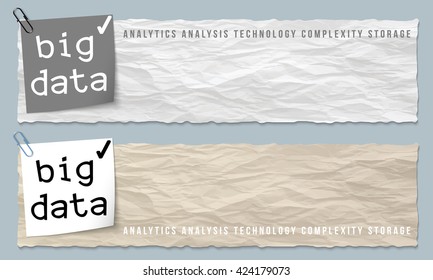 Two banners of crumpled paper with big data icon