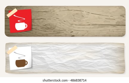 Two banners and cup of coffee