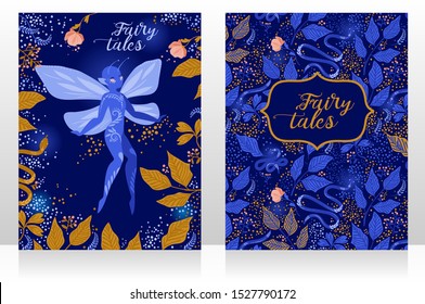 Two banners with cute fairies in the magical forest, magical cards for fairy tales, blue and golden colors, vector illustration