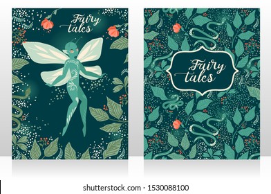 Two banners with cute fairy in the magical forest, magical cards for fairy tales, retro style palette, vector illustration