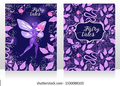 Two banners with cute fairy in the magical forest, magical cards for fairy tales, vector illustration