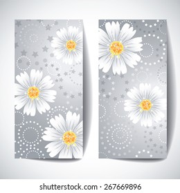 Two banners with daisy flowers on white background. Vector illustration.