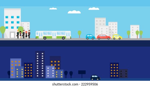 Two banners with day and night city life. Vector flat illustration with people, bus, cars and trees. 