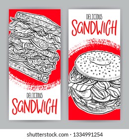 Two banners of delicious sandwiches. hand-drawn illustration