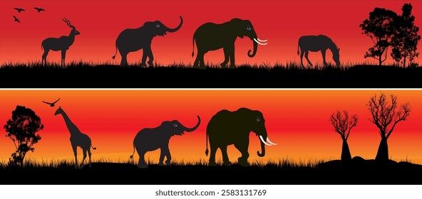 Two banners of different african landscape scene. Elephants, zebra, giraffe.