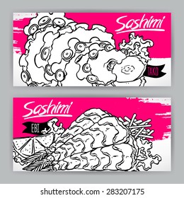 Two banners with different kinds of sketch sashimi. shrimp and octopus. hand-drawn illustration