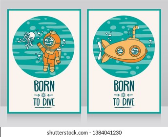 two banners for diving, cards with old fashioned yellow submarine and diver, vector illustration