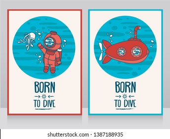 two banners for diving, cards with old fashioned submarine and diver, red and blue, vector illustration