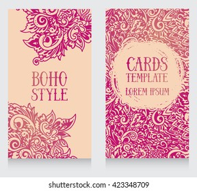 two banners with doodle ornament in boho style, can be used as party invitation or business cards, vector illustration