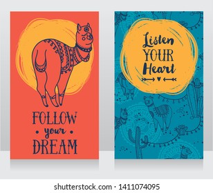 two banners for dream and travel  with cute doodle alapacas, vector illustration