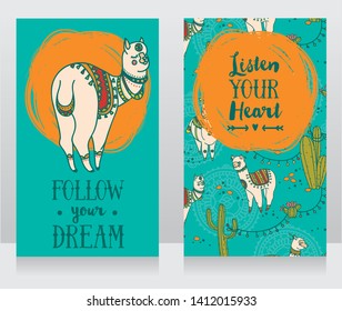 two banners for dream and travel  with cute doodle alapacas, vector illustration