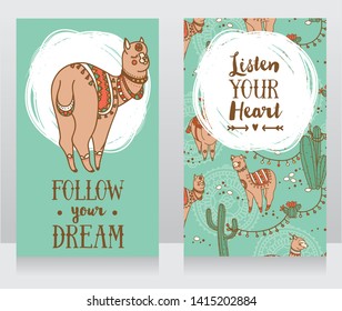 two banners for dream and travel  with cute doodle alapacas, vector illustration