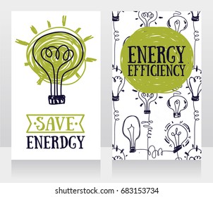 two banners for energy efficiency, can be used for ecology organization, green and white colors, vector illustration in sketch style