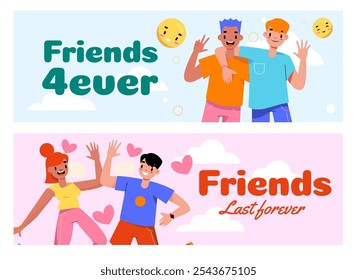 Two banners featuring cartoon friends with cheerful expressions and playful poses. 