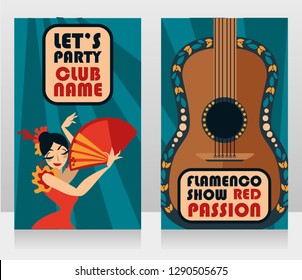 Two banners for flamenco show, traditional gypsy dancer and guitar, vector illustration