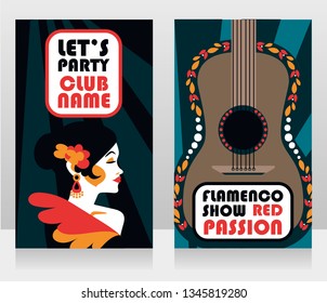 Two banners for flamenco show, traditional spanish dancer and guitar, vector illustration