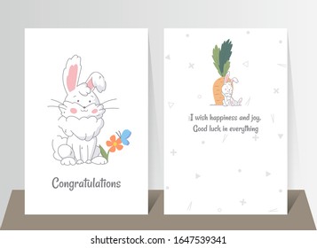 Two banners with funny cute bunny. Hand drawn