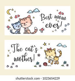 Two banners with funny and cute cats,mother day card template,vector illustration