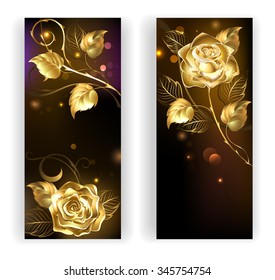 Two banners with gold, entwined roses on black background.