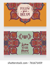 two banners with gypsy style pattern, can be used as invitation for boho style party or greeting cards, vector illustration