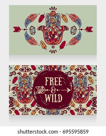two banners with hamsa symbol in gypsy style, boho cards, vector illustration