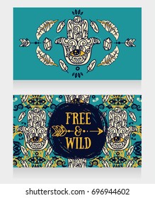 two banners with hamsa symbol in gypsy style, boho cards, vector illustration