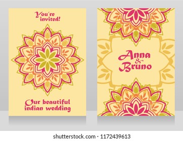 Two banners for indian style wedding with round mandala ornament, vector illustration
