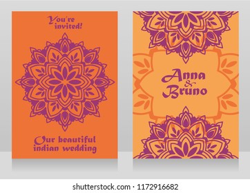 Two banners for indian style wedding with round mandala ornament, vector illustration