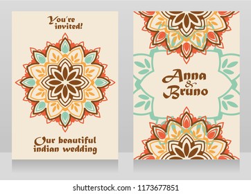 Two banners for indian style wedding with round mandala ornament, vector illustration