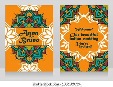 Two banners for indian style wedding with round mandala ornament, vector illustration