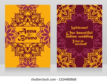 Two banners for indian style wedding with round mandala ornament, lilac and yellow colors, vector illustration