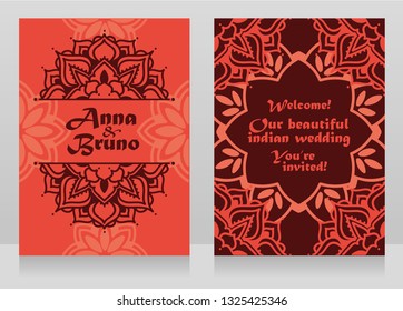 Two banners for indian style wedding with round mandala ornament, red velvet palette, vector illustration
