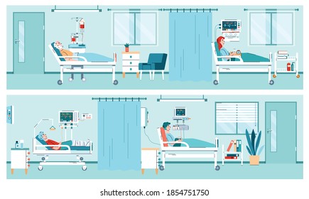 Two banners with interior of hospital room with equipment and patients lying in medical beds. Hospitalization, treatment, health care in clinical hospital ward. Vector illustration