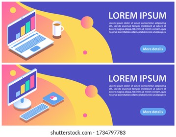 Two banners with laptop and computer on a colorful background. Place for text. Vector illustration on the theme of technology and business.
