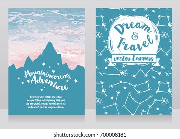 two banners for mountaineering with mountain silhouette on beautiful sunrise or sunset, sketch style, vector illustration