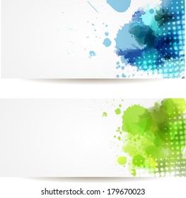 Two banners with multcolored watercolor splashes and halftone glowing elements