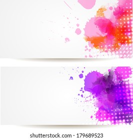 Two banners with multcolored watercolor splashes and halftone glowing elements