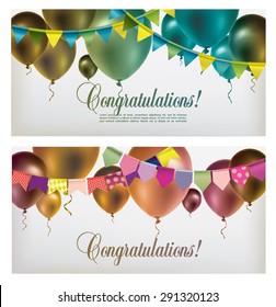 Two banners with multicolored flying balloons, paper garlands and confetti. Vector illustration.