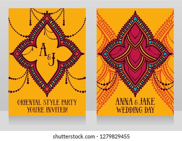 Two banners for oriental style wedding with traditional ornament, happy summer palette, vector illustration