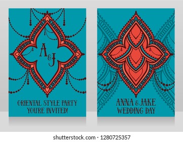 Two banners for oriental style wedding with traditional ornament, blue and coral palette, vector illustration