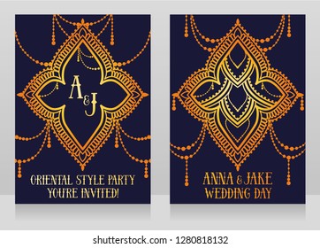 Two banners for oriental style wedding with traditional ornament, can be used for arabian night party, vector illustration