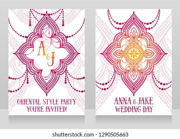 Two banners for oriental style wedding with traditional shinig ornament, vector illustration