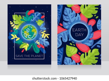 Two banners with our planet in  floral frame on cosmic background, can be used as greeting card for Earth Day or as banner for ecology organization, vector illustration
